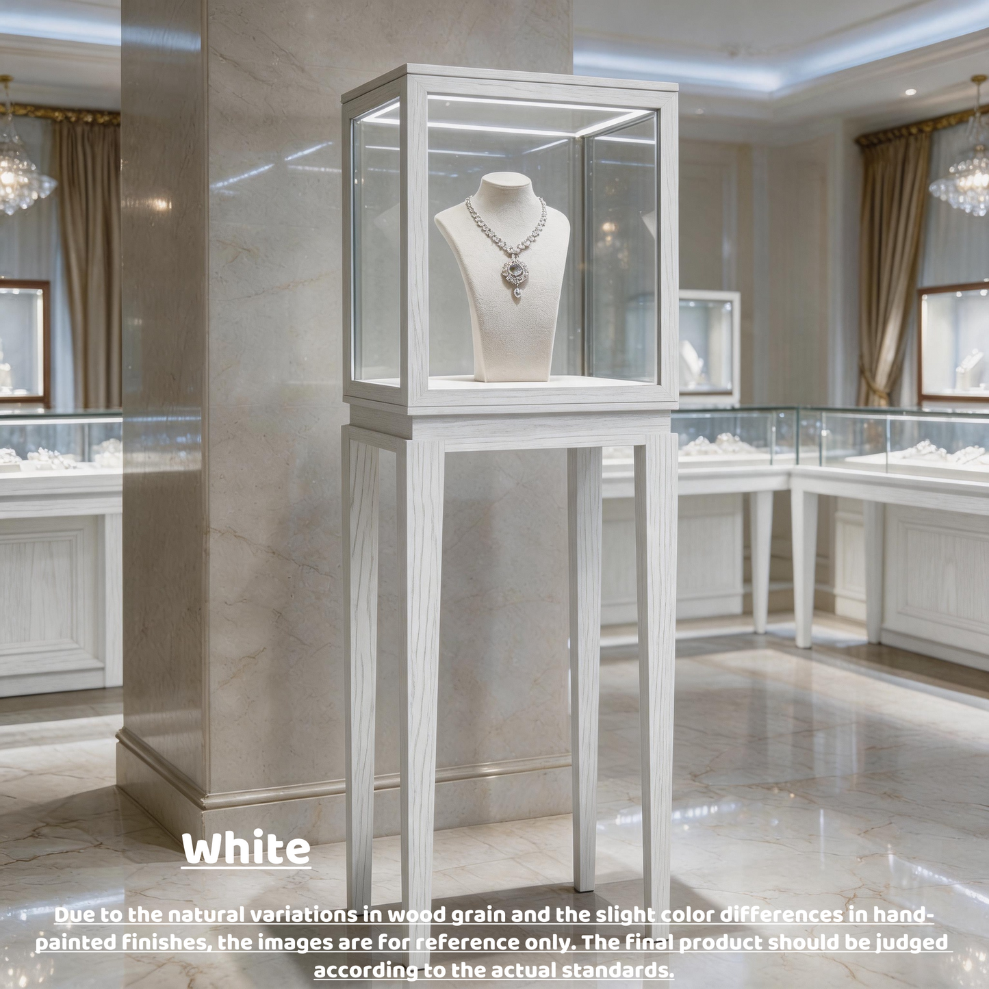Luxury Wood Glass Display Cabinet, 360° LED Lighted Pedestal Showcase for Boutiques