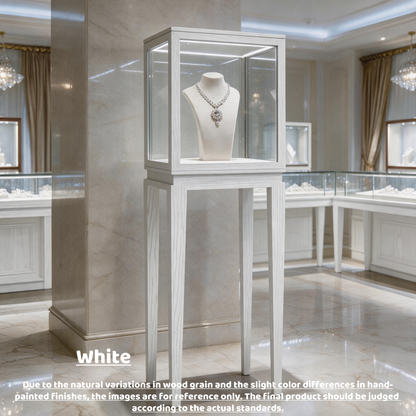 Luxury Wood Glass Display Cabinet, 360° LED Lighted Pedestal Showcase for Boutiques