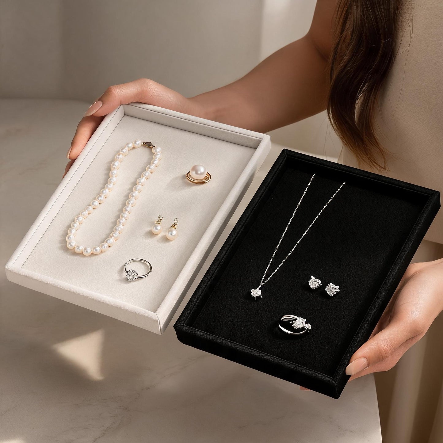 Velvet Jewelry Display Tray for Necklaces, Ring Showcase Organizer, Countertop Holder